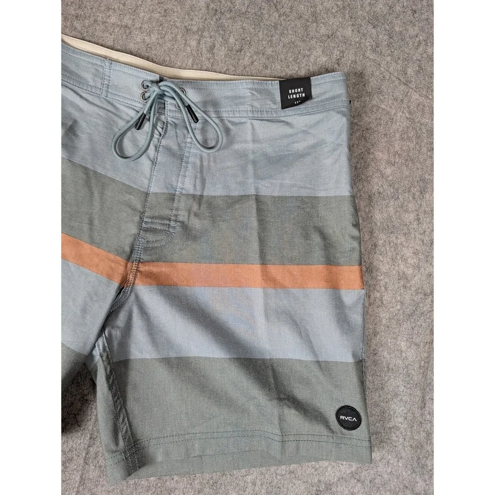 RVCA Mens Striped 17 Inch Short Length 2-Way Stretch Board Shorts Blue/Gray/Org